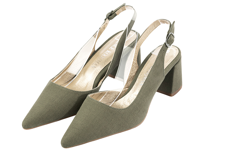 Khaki green women's slingback shoes. Pointed toe. Medium flare heels. Front view - Florence KOOIJMAN